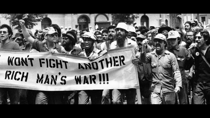 Vietnam Veterans Against the War near the end of their march in the Rich Off Our Backs Coalition parade through North Philadelphia and Kensington on July 4, 1976. (Joseph McLaughlin / Courtesy of George D. McDowell Philadelphia Evening Bulletin Collection, Temple University Libraries)