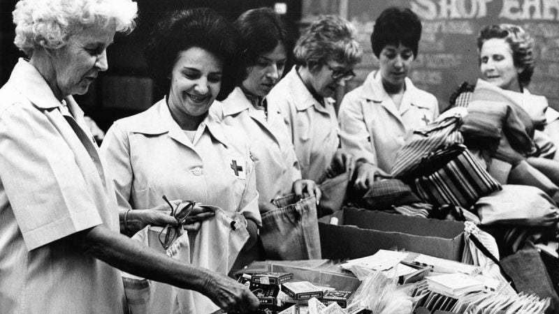 Red Cross volunteers are shown on Aug. 24, 1970, from left: Mrs. J. Milton Neale, chairwoman of volunteer supporting services, of Radnor, Pa.; Rosita Bolognina of Turnersville, N.J.; Erika Kancs of Philadelphia; Mrs. Rose Raymond of Philadelphia; Mrs. Rosemary R. Leyland of East Falls; and Mrs. Elizabeth Van Keuren, director of of volunteer supporting services. (Joseph Tritsch / Courtesy of George D. McDowell Philadelphia Evening Bulletin Collection, Temple University Libraries)