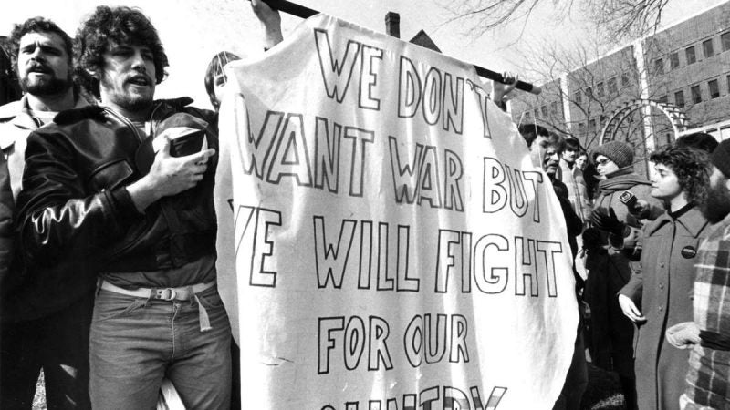 A group of University of Pennsylvania students show support for the draft on Feb. 11, 1980. (Courtesy of George D. McDowell Philadelphia Evening Bulletin Collection, Temple University Libraries)