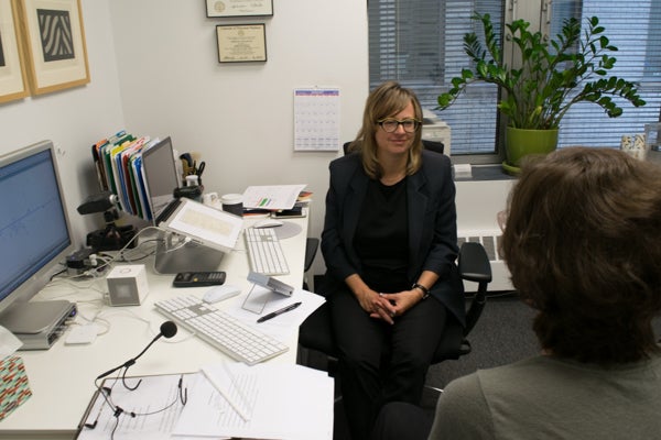 Alice Gorelick sits with Christie Block