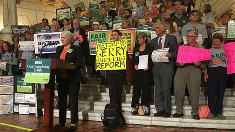 In this 2017 photo, protesters in Harrisburg call on lawmakers to support redistricting reform. (Katie Meyer/WITF) 