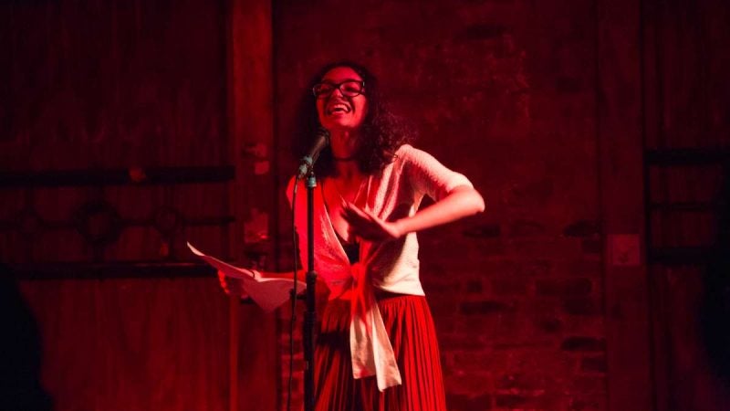 Poet Becca Khail performs at the first YallaPunk Festival in Philadelphia. (Emily Cohen for WHYY)