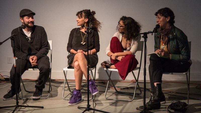 Panelists (from left) Marwan Kamel, Rana Fayez, Becca Khalil, and another speaker talk about how to sincerely market yourself as a MENA artist at YallaPunk 2017. (Emily Cohen for WHYY)