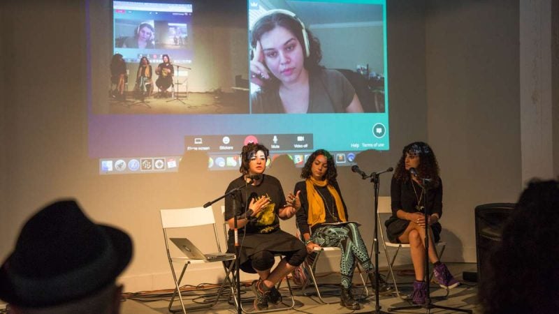 ''The Essential Feminist'' panel skypes in Miriam Hakim after Hurricane Harvey blocked her from leaving Houston to attend the panel at YallaPunk. (Emily Cohen for WHYY)