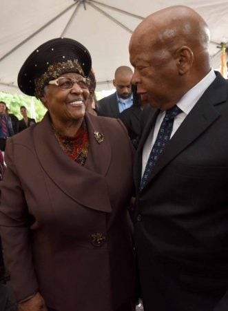 U.S. Rep. John Lewis and Jeanette Lily Hunt, who owns the house at 753 Walnut Street in Camden where Martin Luther King, Jr. stayed as a seminary student, meet at the September 2016 event to announce preservation of the property. (April Saul for WHYY)