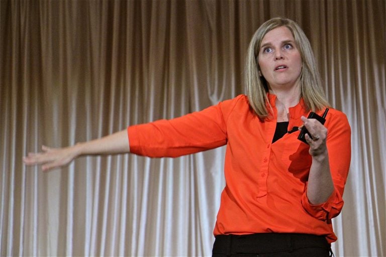 Alissa Parker, whose daughter Emilie died in the shooting at Sandy Hook Elementary School, talks about ways to improve school safety during a conference in Drexel Hill. (Emma Lee/WHYY)