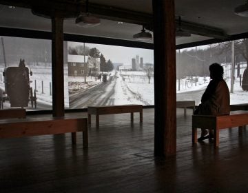 A gallery space, benches, video on screens