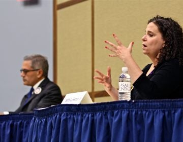 Candidates for Philadelphia district attorney, Republican Beth Grossman (right) and Democrat Larry Krasner, debate at La Salle University. (Emma Lee/WHYY)