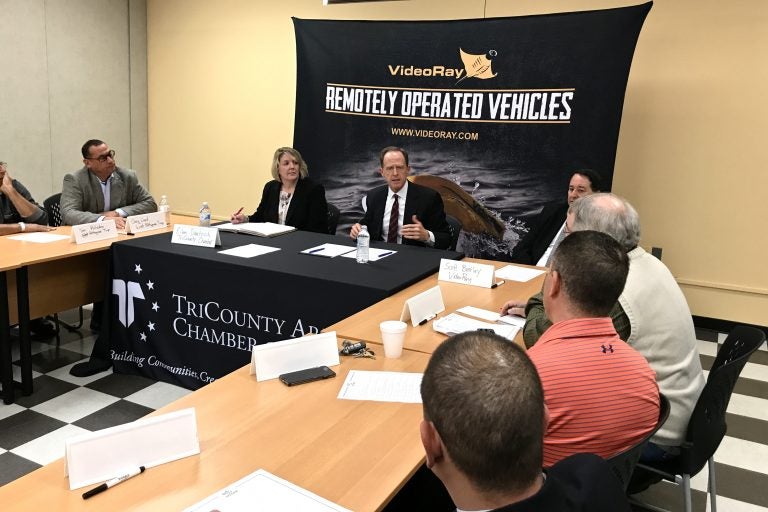 U.S. Sen Pat Toomey talks with business owners in Pottstown about the Republican tax plan.