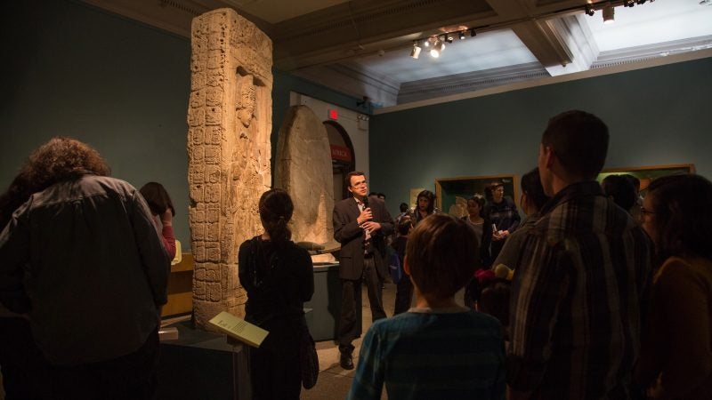 Simon Martin, Penn Museum curator, gives a tour of the museum's collection of monoliths and other artifacts in the Mexico and Central America gallery