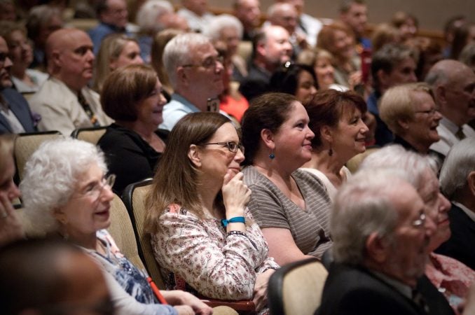 People listen as Former V.P. Joe Biden speaks  on stage during a partnership announcement between Doylestown Health and The Beau Biden Foundation, in Warminster, PA., on Tuesday. (Bas Slabbers/for WHYY)