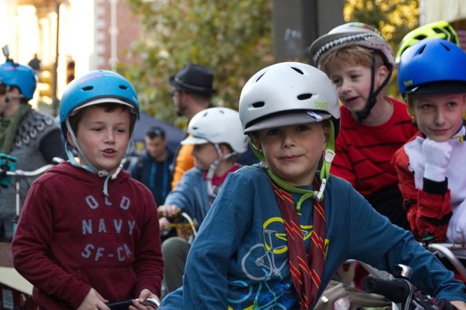 Children at the start of a family bike ride during Philly Free Streets, Saturday, Oct. 28, 2017. (Bastiaan Slabbers for WHYY)