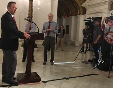 A man stands at a podium, addressing the press