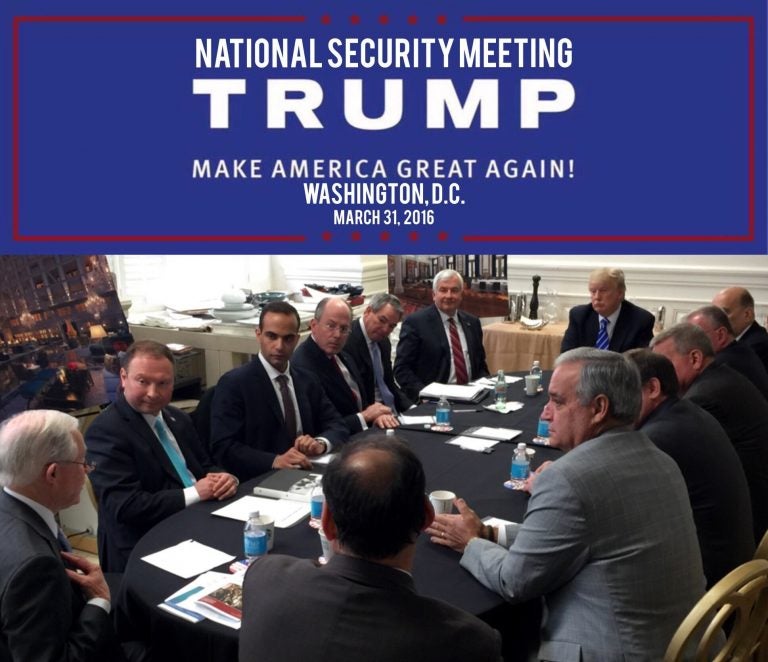 In this photo from President Donald Trump's Twitter account, George Papadopoulos, third from left, sits at a table with then-candidate Trump and others at what is labeled at a national security meeting in Washington that was posted on March 31, 2016. Papadopoulos, a former Trump campaign aide belittled by the White House as a low-level volunteer was thrust on Oct. 30, 2017, to the center of special counsel Robert Mueller’s investigation, providing evidence in the first criminal case that connects Trump’s team and intermediaries for Russia seeking to interfere in the campaign.