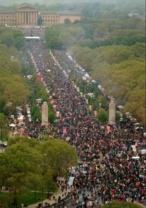 The Parkway, leading the the Art Museum is packed of people