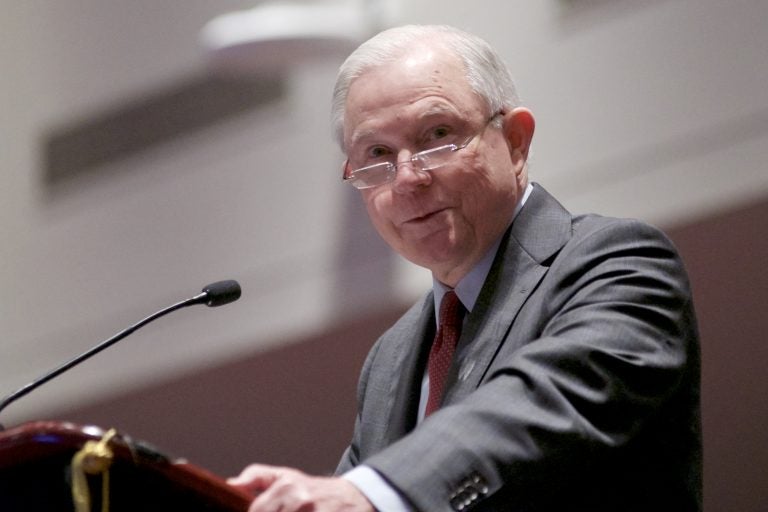 US Attorney General Jeff Sessions delivers his remarks on the Project Safe Neighborhoods during the Major Cities Chiefs Association Fall Meeting, at the Pennsylvania Convention Center in Center City Philadelphia, on Saturday October 21, 2017. (Bastiaan Slabbers for WHYY)