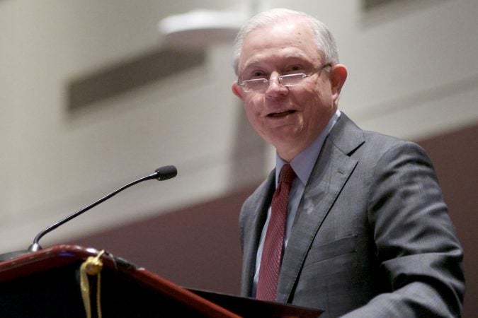 US Attorney General Jeff Sessions delivers his remarks on the Project Safe Neighborhoods during the Major Cities Chiefs Association Fall Meeting, at the Pennsylvania Convention Center in Center City Philadelphia, on Saturday October 21, 2017. (Bastiaan Slabbers for WHYY)