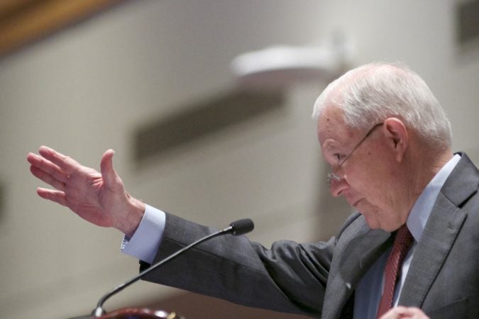 US Attorney General Jeff Sessions delivers his remarks on the Project Safe Neighborhoods during the Major Cities Chiefs Association Fall Meeting, at the Pennsylvania Convention Center in Center City Philadelphia, on Saturday October 21, 2017. (Bastiaan Slabbers for WHYY)