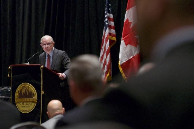 US Attorney General Jeff Sessions delivers his remarks on the Project Safe Neighborhoods during the Major Cities Chiefs Association Fall Meeting, at the Pennsylvania Convention Center in Center City Philadelphia, on Saturday October 21, 2017. (Bastiaan Slabbers for WHYY)