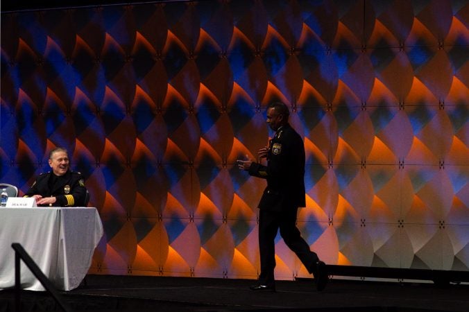 Philadelphia Police Commissioner Richard Ross is welcomed on stage ahead of the General Assembly of the International Association of Chiefs of Police conference in Philadelphia. (Bastiaan Slabbers for WHYY)