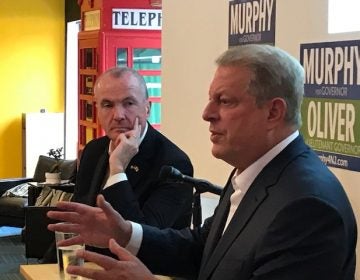 Former Vice President Al Gore, right, stumps for New Jersey's Democratic candidate for governor, Phil Murphy. (Shai Ben-Yaacov/WHYY)