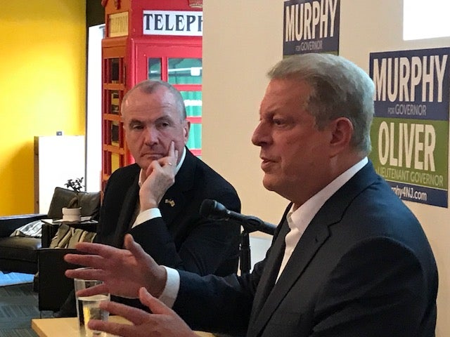 Former Vice President Al Gore, right, stumps for New Jersey's Democratic candidate for governor, Phil Murphy. (Shai Ben-Yaacov/WHYY)