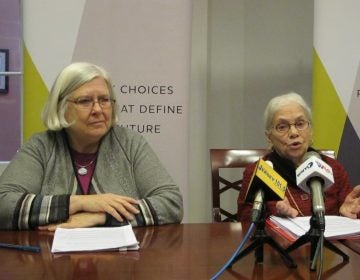 Cecilia Zalkind (left) and former New Jersey Chief Justice Deborah Poritz call for changes in the state's educational funding practice. (Phil Gregory/WHYY)