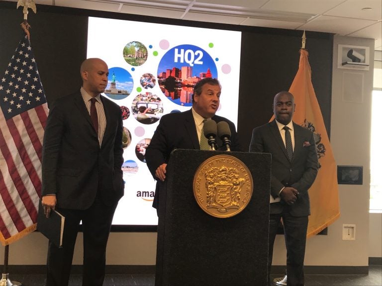 U.S. Sen.  Cory Booker (from left), New Jersey Gov. Chris Christie, and Newark Mayor Ras Baraka say the city would be an ideal location for Amazon’s second headquarters.  (Phil Gregory/WHYY)