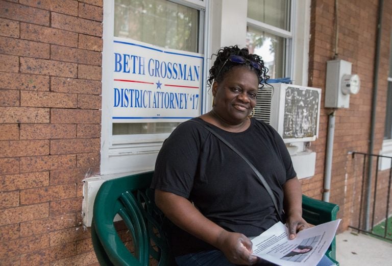 Daphne Goggins sits on her front porch in North Philadelphia in a 2017 file photo. She had been campaigning for Republican District Attorney candidate Beth Grossman. (Lindsay Lazarski/WHYY)