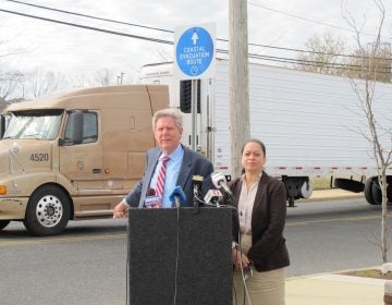 U.S. Rep. Frank Pallone, D-New Jersey,,  and Beverly Brown Ruggia with New Jersey Citizen Action say price gouging after a natural disaster is despicable. (Phil Gregory/WHYY)