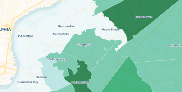 Areas in darker green rely more heavily on the state and local tax deductions. (Image from NJ Spotlight)