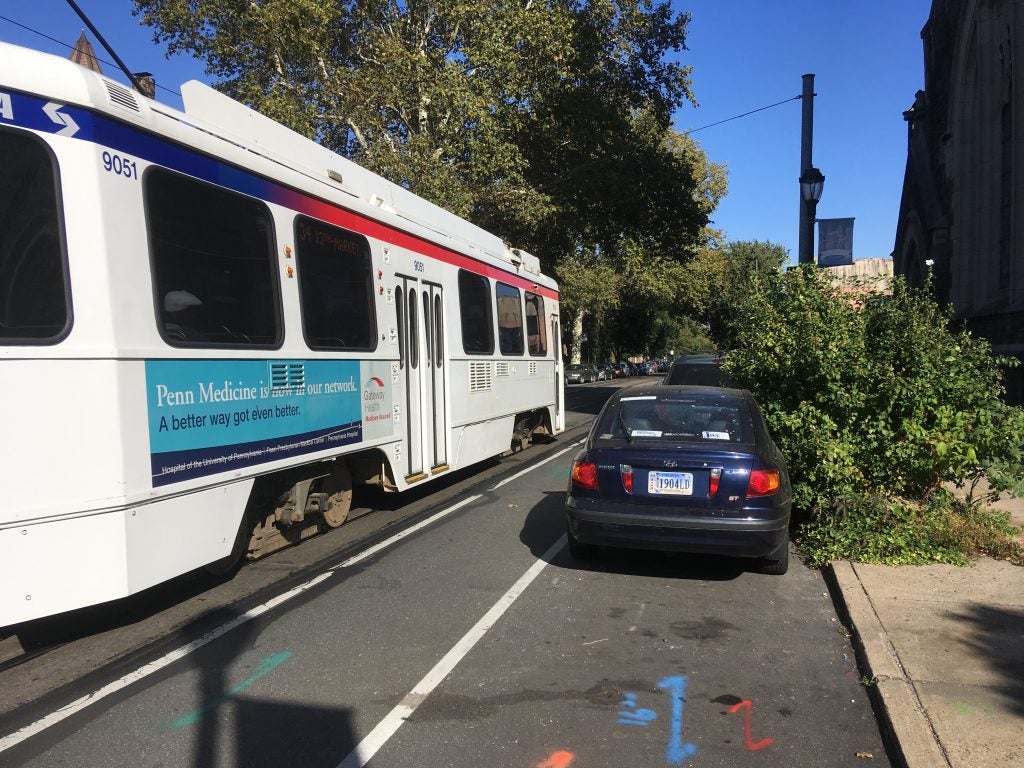 A trolley rolls down Baltimore Avenue in West Philly.