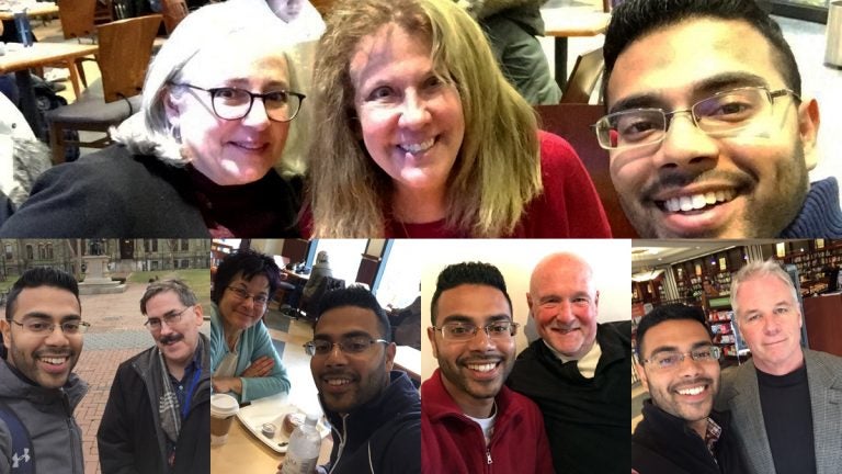 The author is shown posing with several of the people who met him for conversations about Islam over coffee.