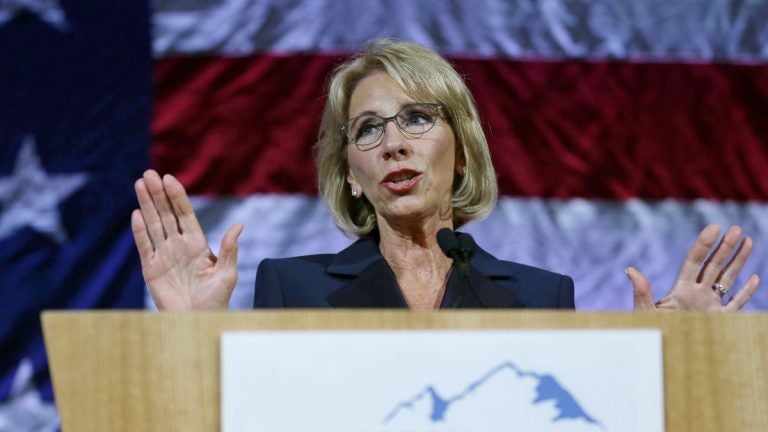 U.S. Education Secretary Betsy DeVos speaks during a dinner hosted by the Washington Policy Center, Friday, Oct. 13, 2017, in Bellevue, Wash.