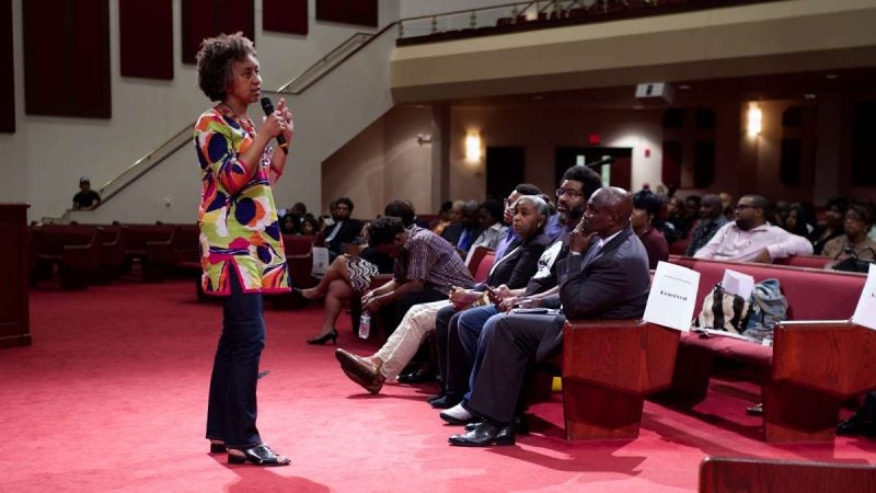 Hilary Beard, member of the sub panel, speaks during Courageous Conversations: Reimagining Race and Education forum at Enon n Tabernacle Church, on Thursday. (Bastiaan Slabbers for WHYY)