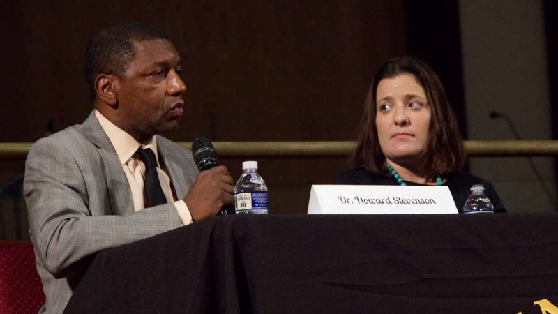 Moderator Dr. Howard Stevenson and Sara Goldrick-Rab Professor of Higher Education Policy & Sociology at Temple University during Courageous Conversations: Reimagining Race and Education forum at Enon Tabernacle Church, on Thursday night. (Bastiaan Slabbers for WHYY)