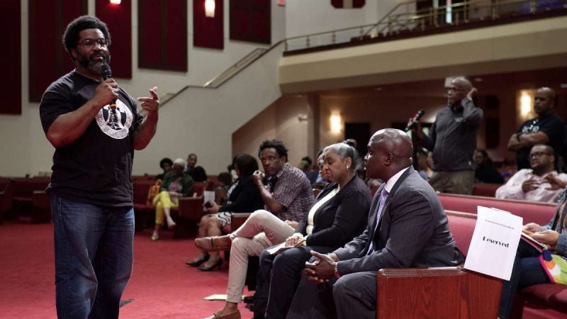 Sharif El-Mekki, principal at Mastery Charter School-Shoemaker Courageous Conversations: Reimagining Race and Education forum at Enon Tabernacle Church, on Thursday night. (Bastiaan Slabbers for WHYY)