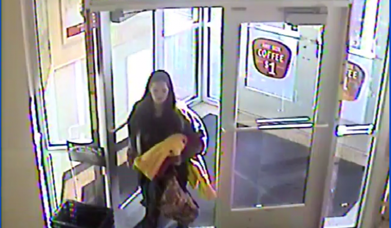 A white female, 25-35 years of age, 5’5″ tall, with a large build, long brown hair, wearing a gray hooded sweatshirt, black leggings and carrying a yellow blanket.