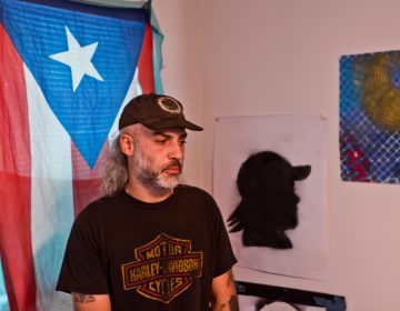 A bearded man in a Harley Davidson tshirt and a hat stands in a home; the flag of Puerto Rico hands in the window behind him