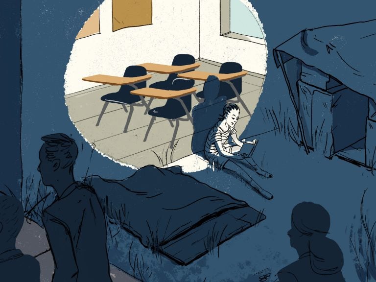 An illustration of a child, outside, a spotlight shines through a wall, showing a classroom