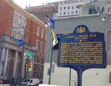 A new historical marker at 13th and Locust streets in Philadelphia commemorates Dr. John Fryer, aka Dr. Anonymous (Peter Crimmins/WHYY)