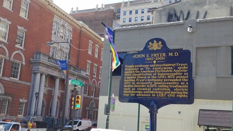 A new historical marker at 13th and Locust streets in Philadelphia commemorates Dr. John Fryer, aka Dr. Anonymous (Peter Crimmins/WHYY)