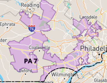 Pennsylvania's oddly-shaped 7th Congressional district is often cited as an extreme example of gerrymandering.(via govtrack.us)