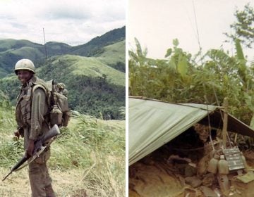 Reginald Waller, is shown as a soldier in the Vietnam War. Right: Waller's equipment is shown set up in a battlefield shelter.