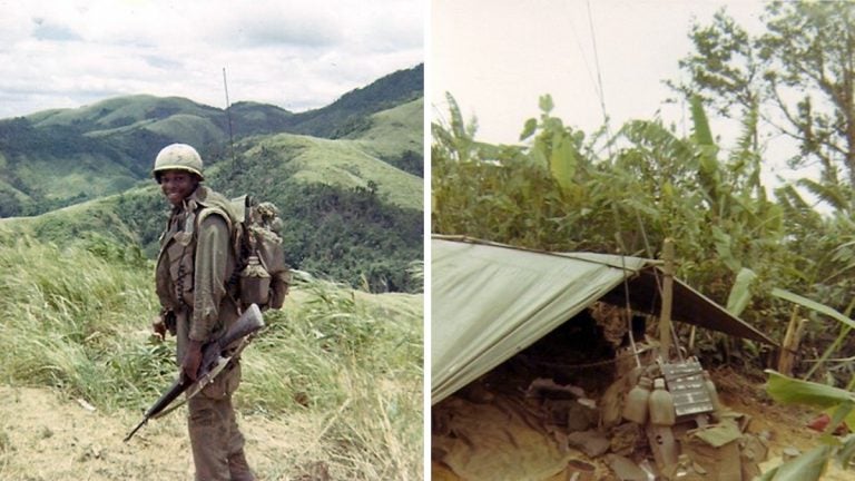 Reginald Waller, is shown as a soldier in the Vietnam War. Right: Waller's equipment is shown set up in a battlefield shelter.