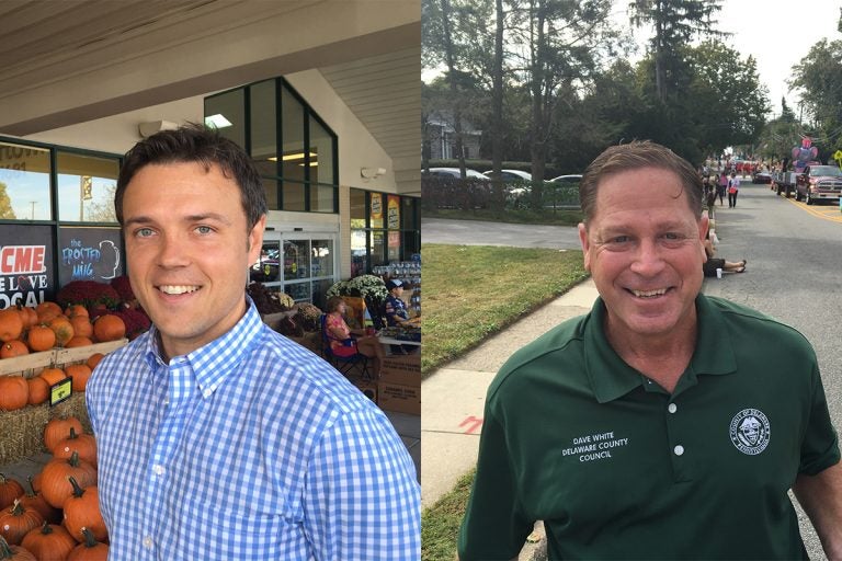Delaware County council candidate Kevin Madden (left) was one of two Democrats to win seats on the five-member board, while the bid of Republican candidate Dave White (right) fell short. (Dave Davies/WHYY)