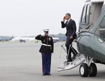 President Barack Obama salutes as he steps off of Marine One, at Dover Air Force Base, Del., Tuesday, Aug. 9, 2011, before meeting privately with families of 30 Americans killed in an International Security Assistance Force helicopter crash in eastern Afghanistan.