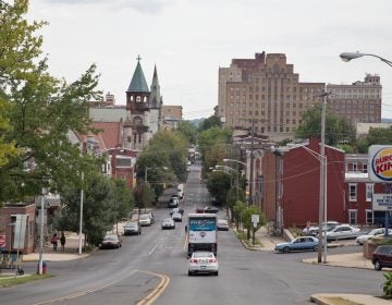 A view of downtown Reading from the 5th Street Bridge near Centre Avenue.  (Lindsay Lazarski/WHYY)