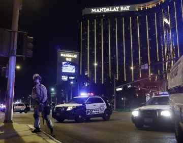 Police officers stand along the Las Vegas Strip the Mandalay Bay resort and casino during a shooting near the casino, Sunday, Oct. 1, 2017, in Las Vegas. (AP Photo/John Locher)