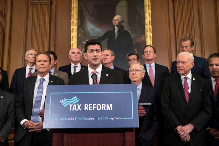 Speaker of the House Paul Ryan, R-Wis., and Senate Majority Leader Mitch McConnell, R-Ky., meet with reporters to announce the Republicans' proposed rewrite of the tax code for individuals and corporations, at the Capitol in Washington, Wednesday, Sept. 27, 2017. President Donald Trump and congressional Republicans are writing a far-reaching, $5-trillion plan they say would simplify the tax system and nearly double the standard deduction used by most Americans.   (AP Photo/J. Scott Applewhite)